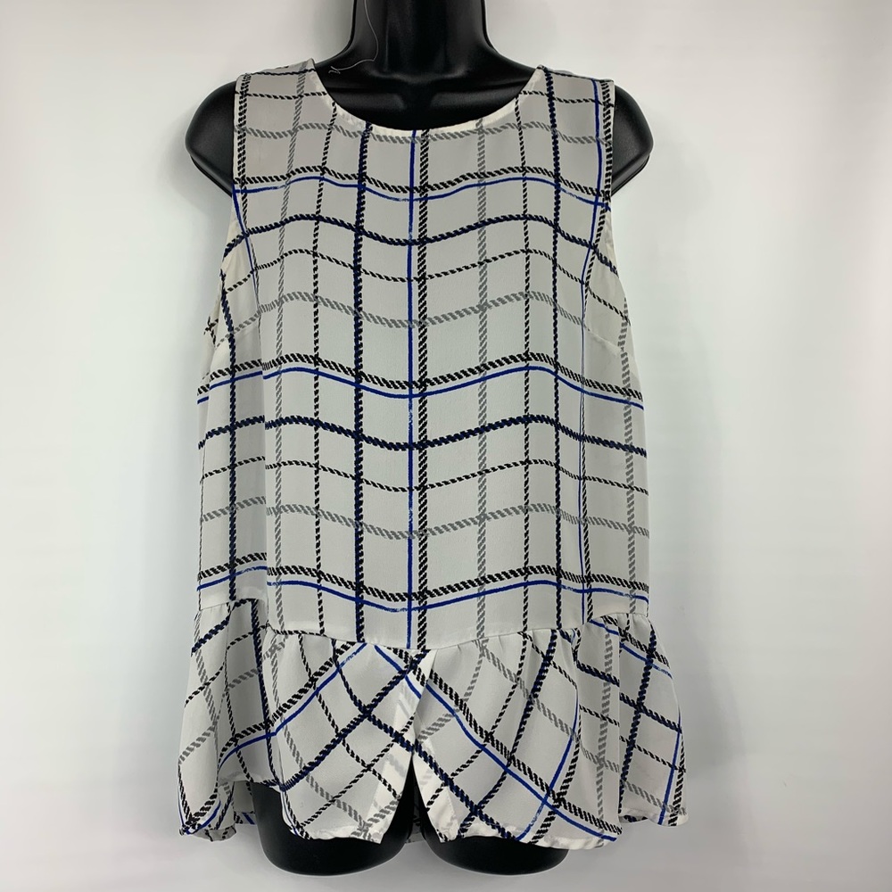 Elle White with Blue Black Gray Plaid Peplum Tank Top
